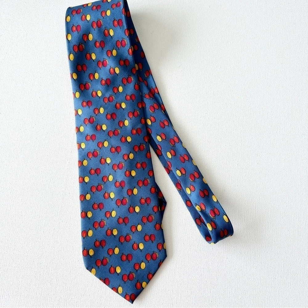 YSL Yves Saint Laurent Men’s Tie Necktie Blue Peaches Fruit Silk